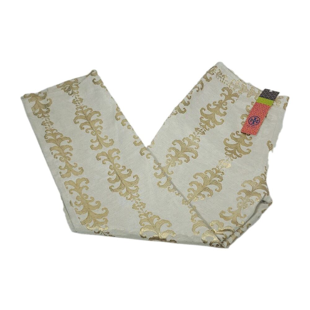 Tory Burch Women's Sz8 Gold and Cream Linen Blend Filigree Print Ankle Pants NWT